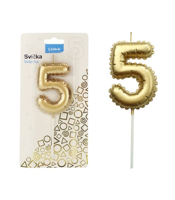 Svíčka dortová balónek zlatý - číslo "5"