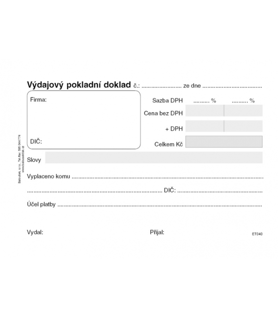 Výdajový pokladní doklad jednoduché účetnictví obyčejný ET040