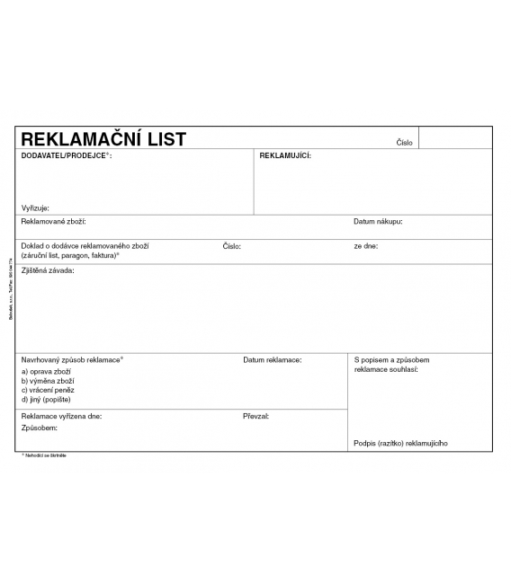 Reklamační list A5 PT190
