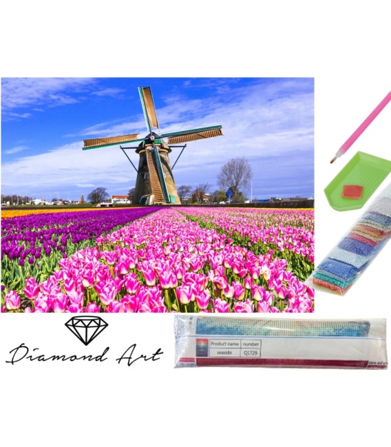Malování s korálky 30x40cm Mlýn s tulipány