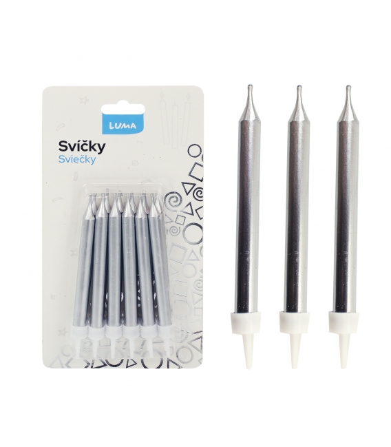 Svíčky dortové metal stříbrné 12ks