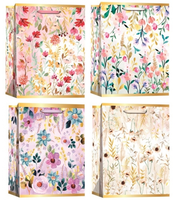 Taška dárková L 26x32x12cm Květiny zlatá ražba 2