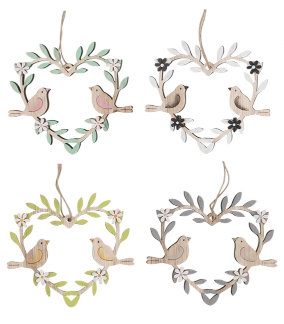 Dřevěný věneček srdíčko s ptáčky na zavěšení 9,5 cm